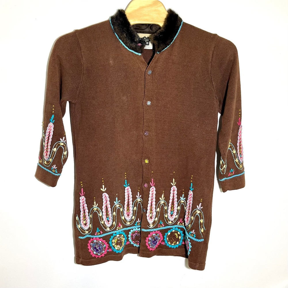 Storybook Knits Embellished Cardigan Faux Fur Trim Brown Sweaterโ Large